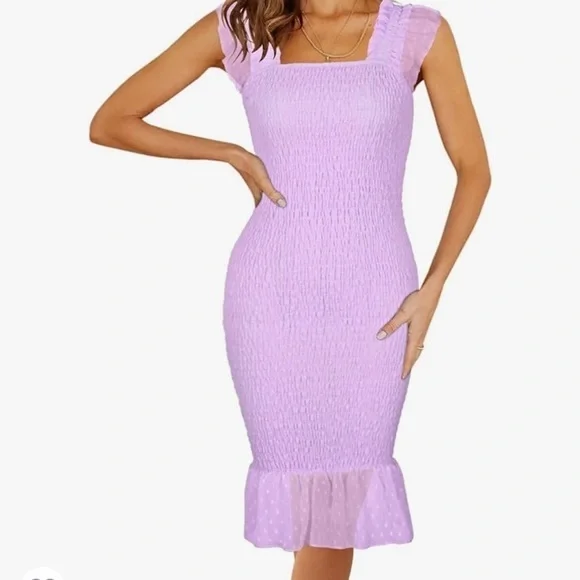 NWT FARORO Bodycon Casual Puff Sleeve Smocked Midi Dress - Picture 1 of 10